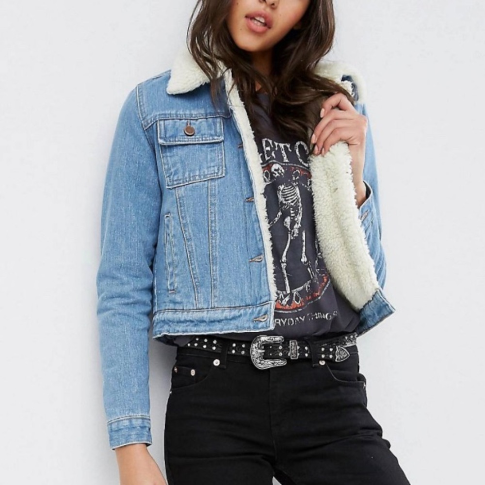 ASOS Denim Cropped Jacket in Blue with Borg